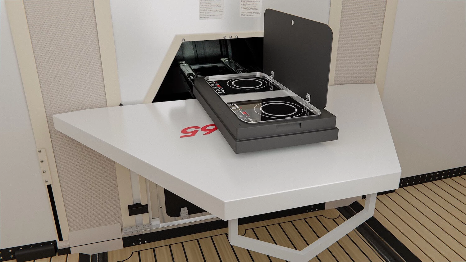 The slide-out induction cooktop and removable work table are designed for indoor and outdoor use