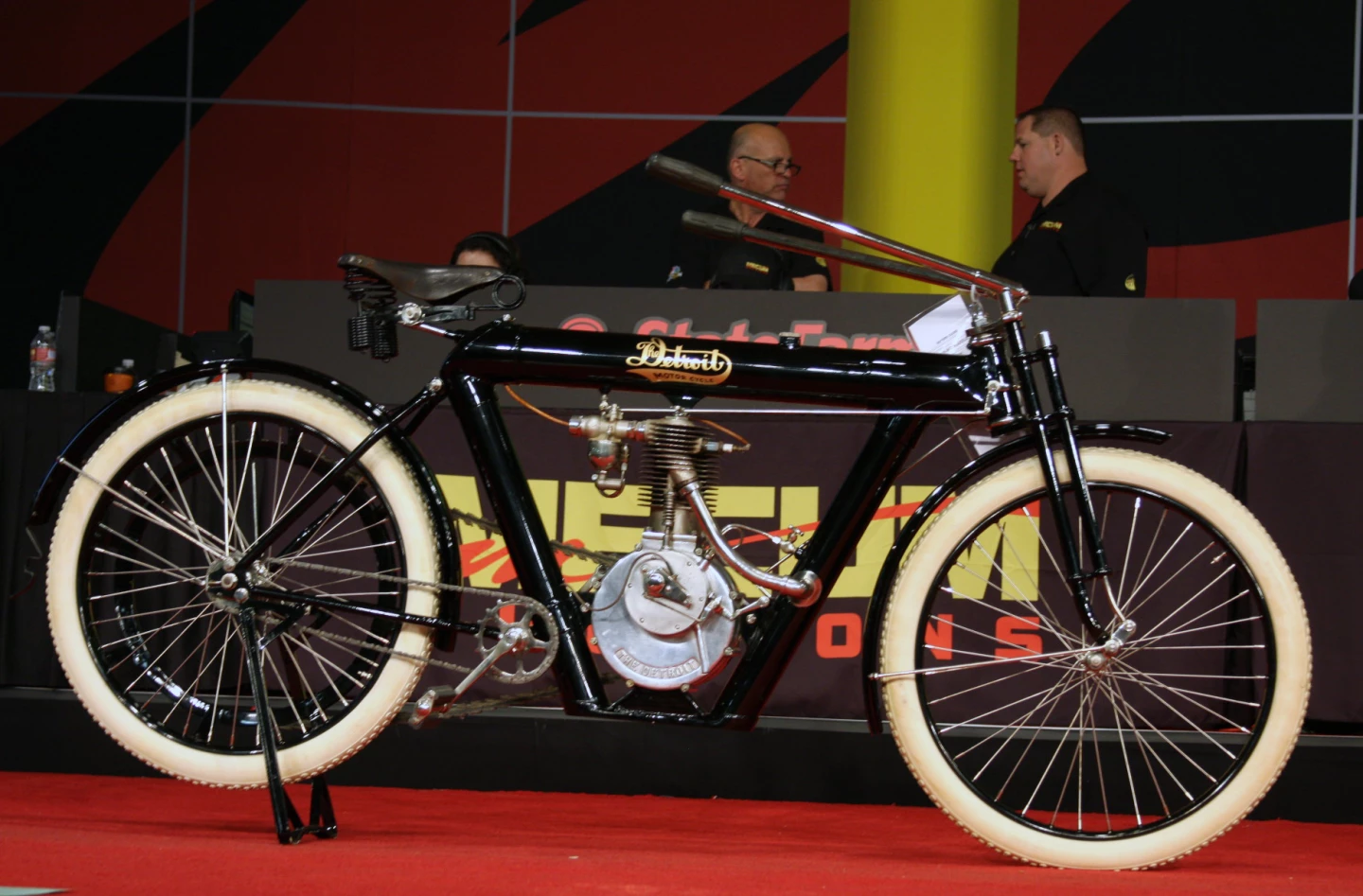 Though only built for two years (1910-11), the Detroit motorcycle uses very large-diameter tubing for its frame, which contains both the gas and oil tanks, similar to the Pierce motorcycle. The Detroit features a direct flat-belt drive and leading-link fork, and the engine is a 30.5 cu-in. (500cc) F-head single, with the throttle and ignition controlled by twistgrips on the handlebars, and rods to the carburetor and points assembly.This 1910 Detroit single is built around an original engine, and is extremely rare, being one of just three known to exist. It sold for $104,500 as part of the E.J. Cole Collection.