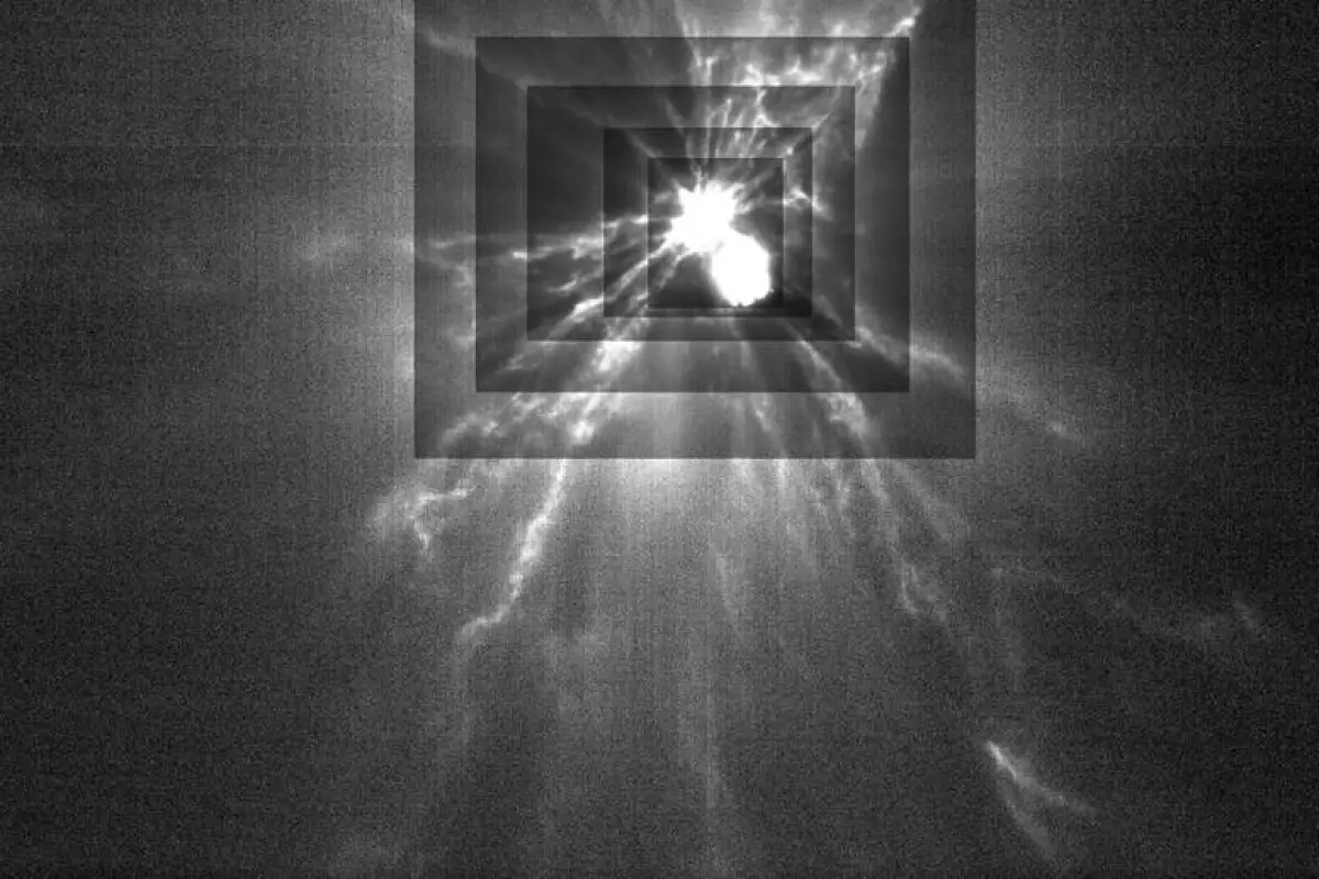 Images from the LICIACube CubeSat show streams of debris emanating from Dimorphos following impact