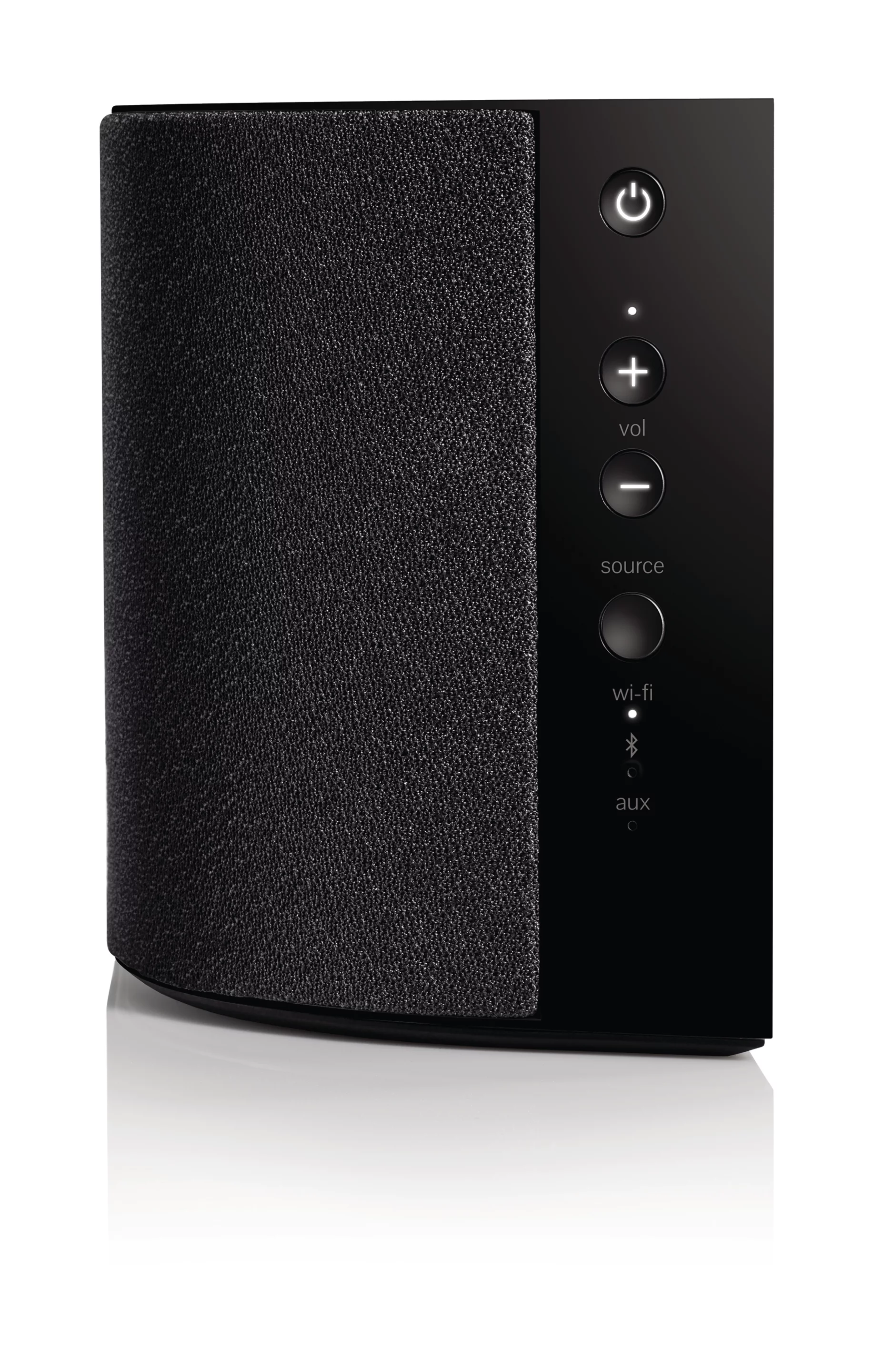 Manual volume, source and power buttons at the end of the curved speaker grille