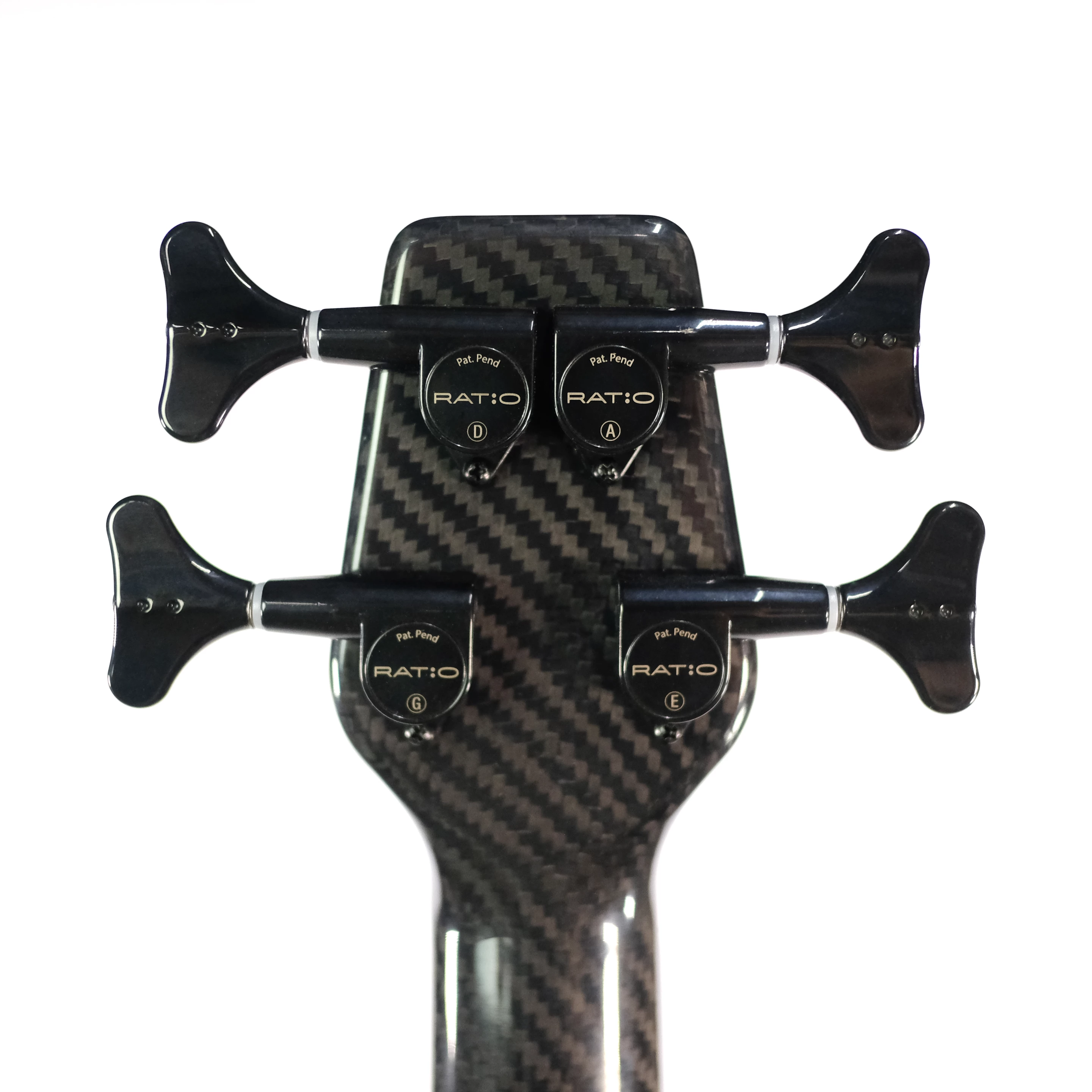 The bass model's angled carbon fiber headstock can be optioned to include Ratio multi-gear tuners
