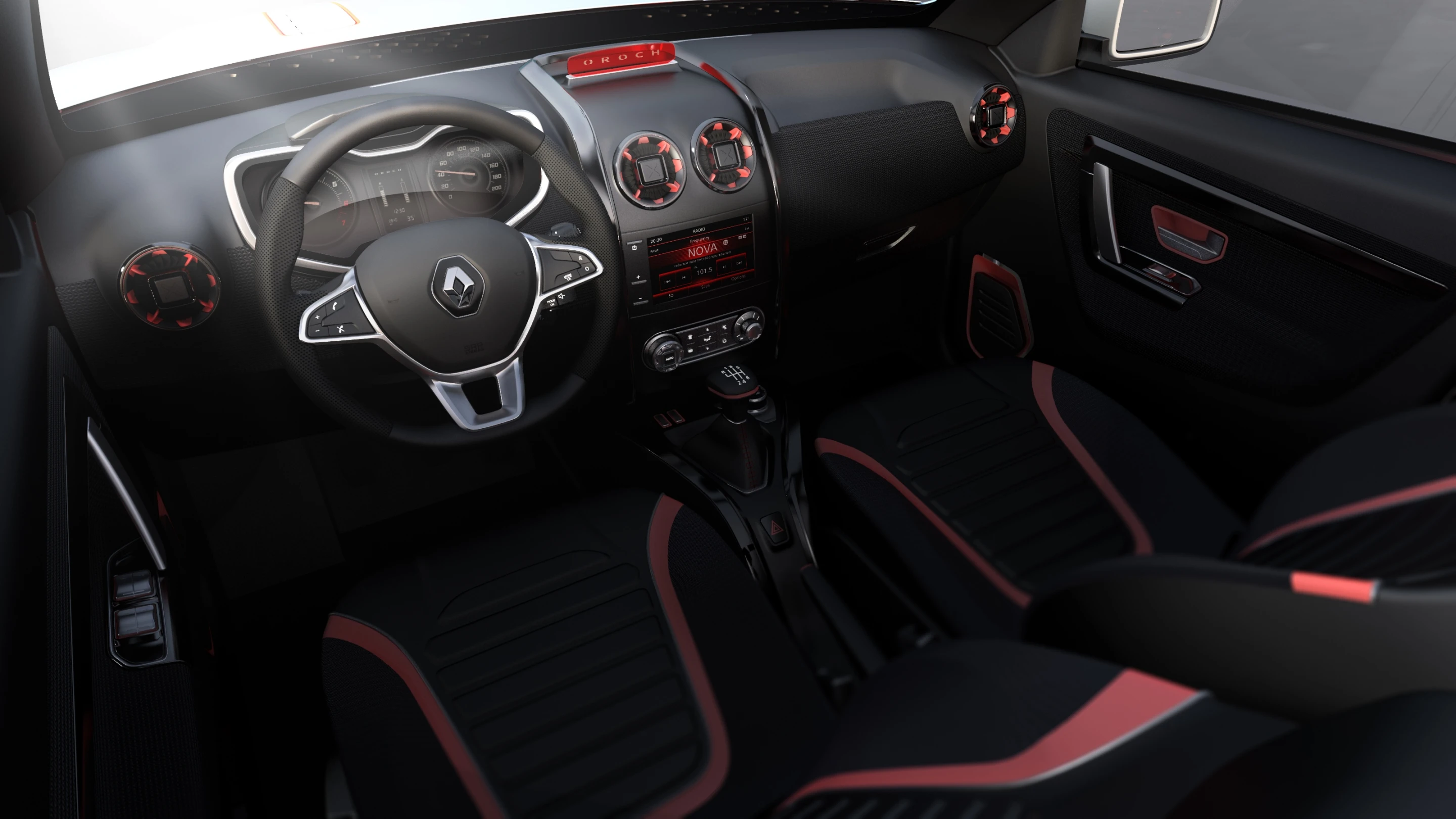 The interior is charcoal black with orange accents
