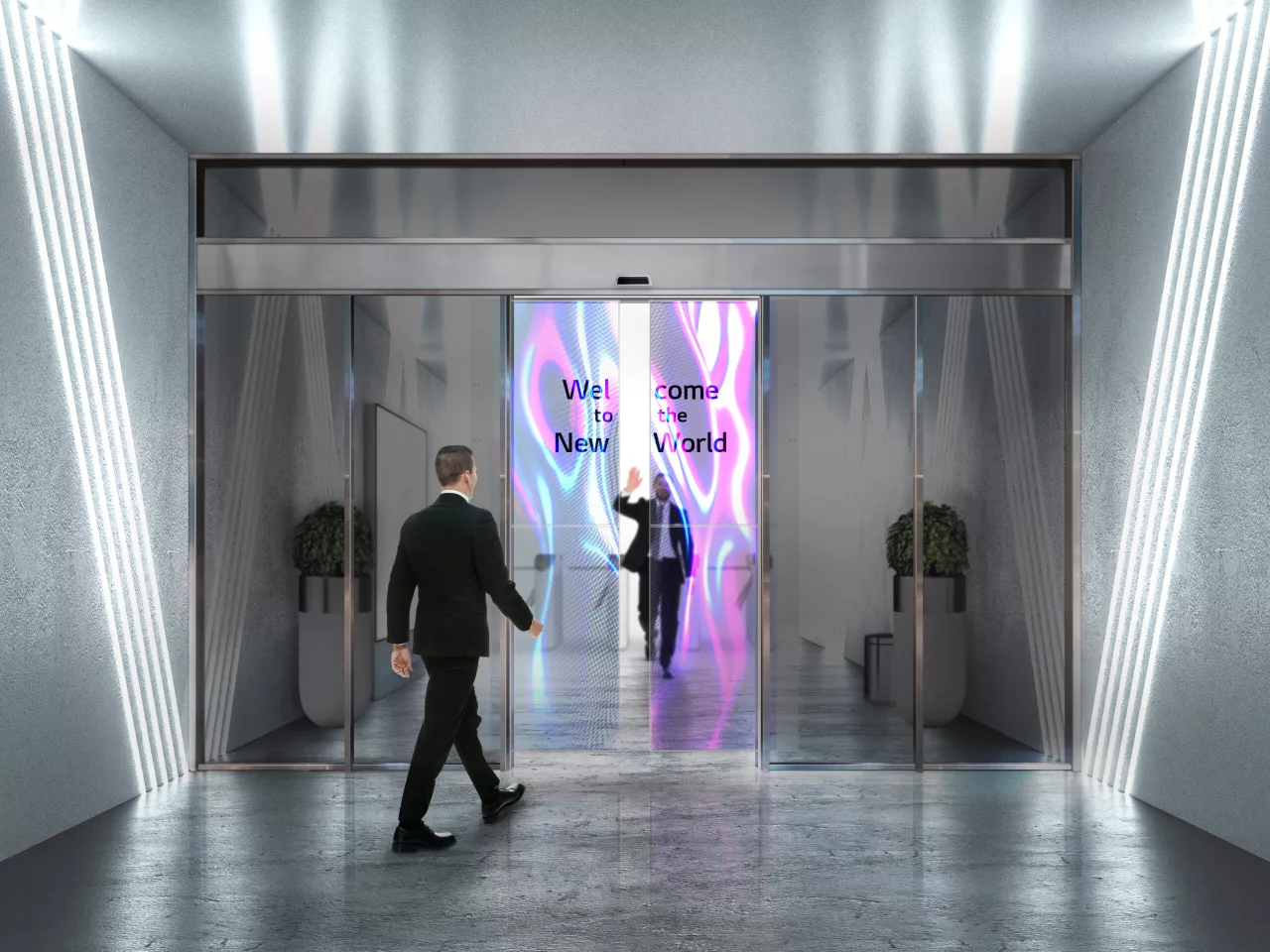 Visitors to an office building will be able to see through the sliding doors, but a greeting could also welcome them as they approach