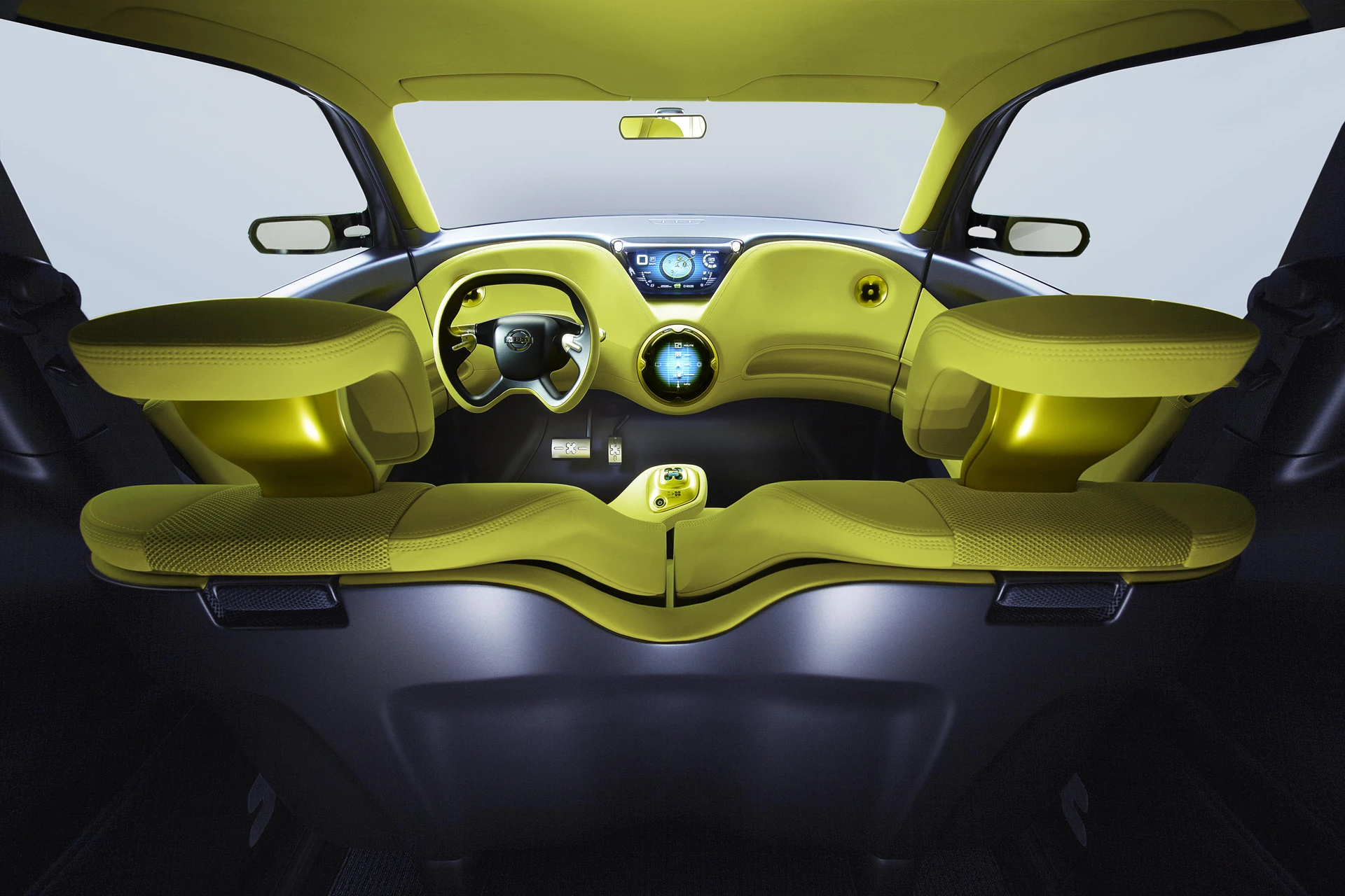 The steering wheel has two mechanical switches (lights and wipers), the only switches on the dash. All other functionality is controlled by the two touch screens