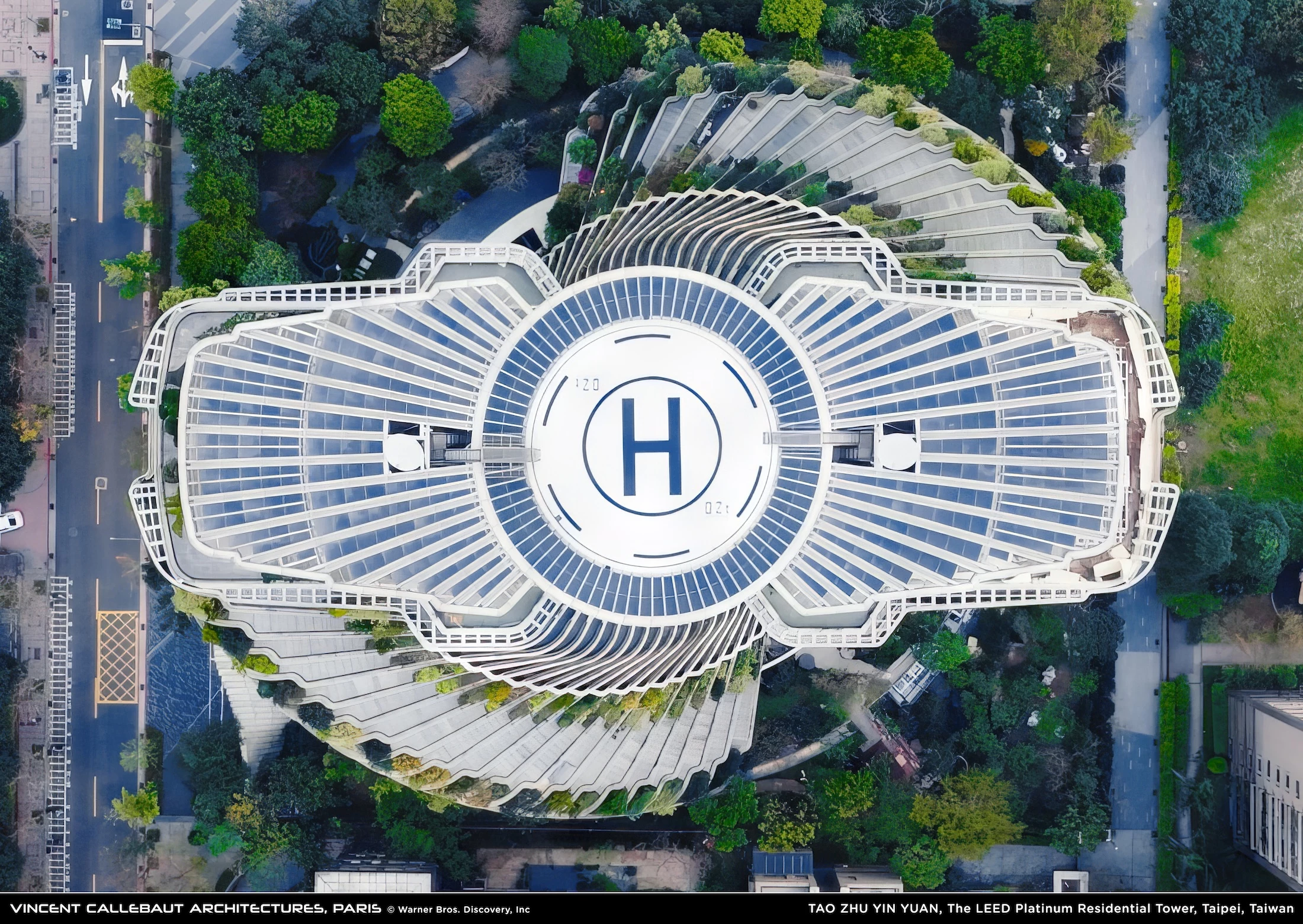 Tao Zhu Yin Yuan is topped by a helipad, plus solar panels which help reduce its grid-based electricity usage