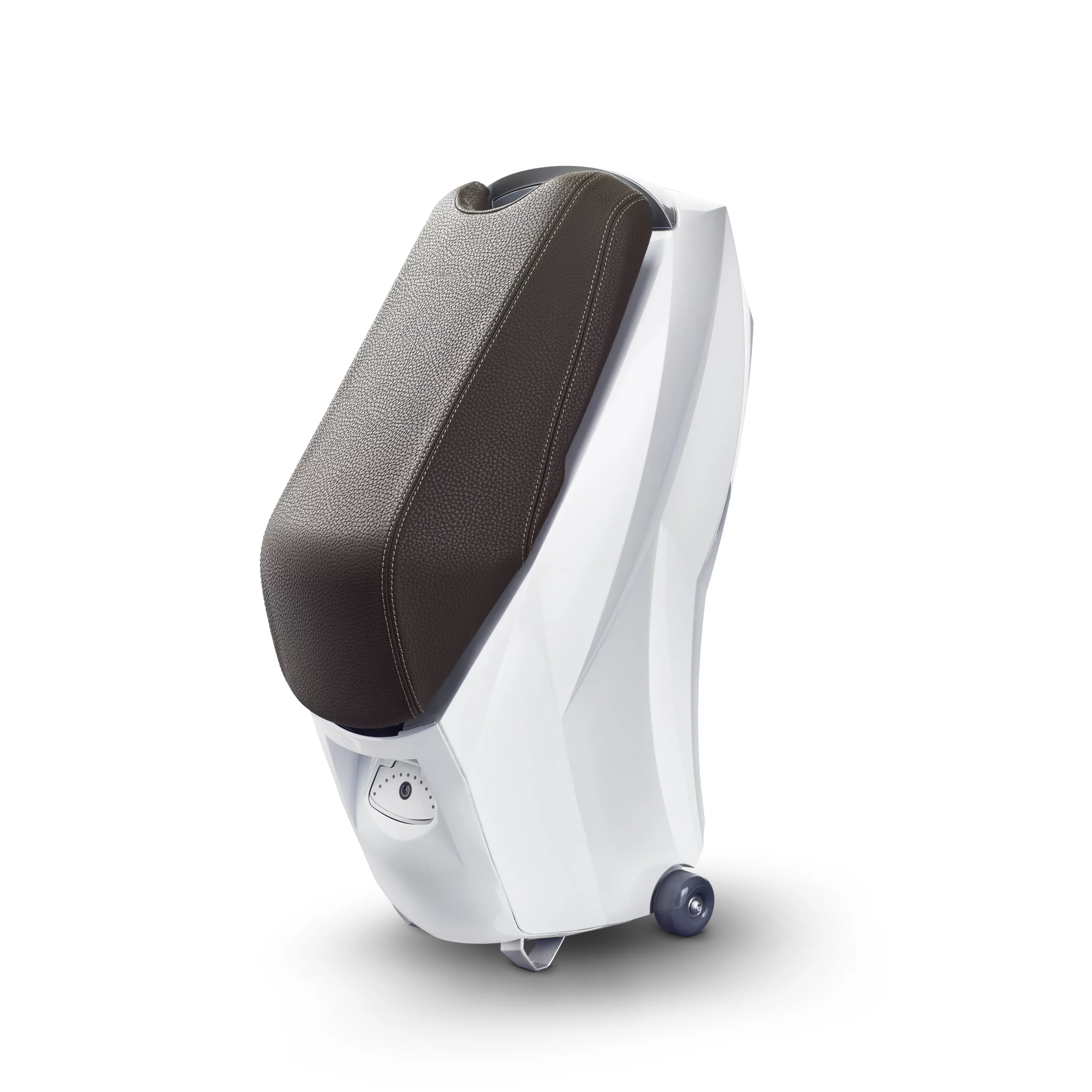 The battery features a pair of wheels and a pull-out handle, rolling along like a carry-on bag