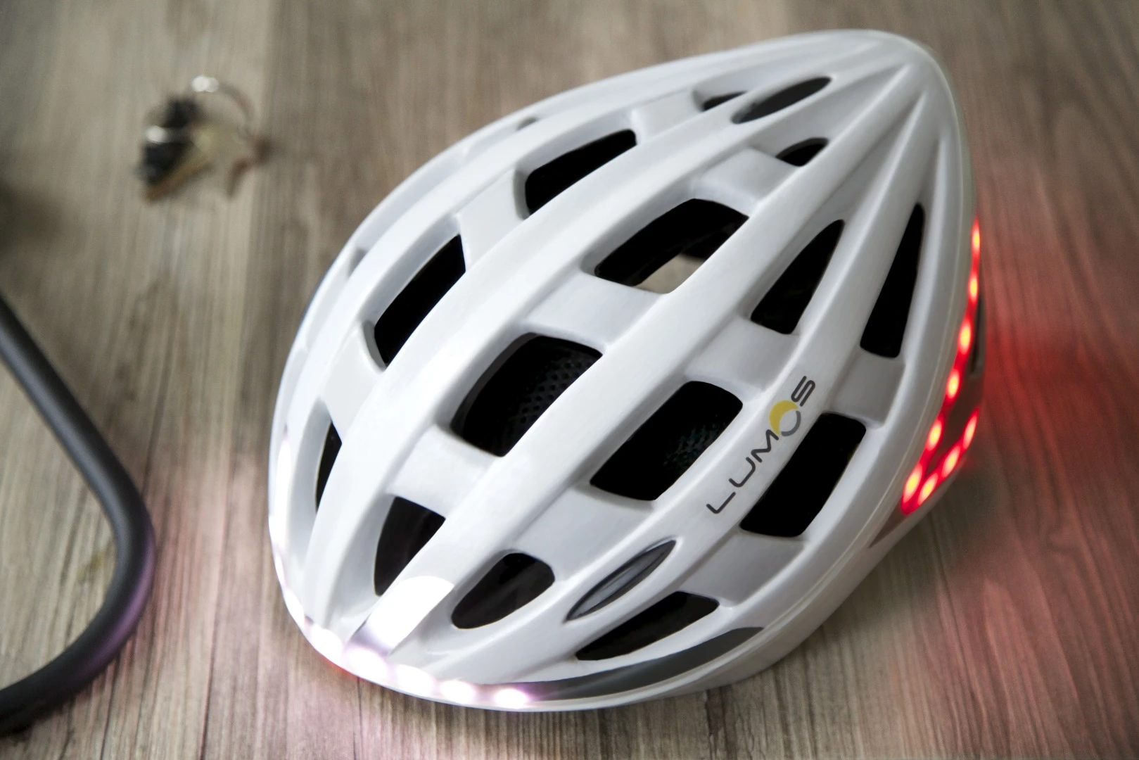 Top view of he white prototype of the Lumos bicycle helmet.