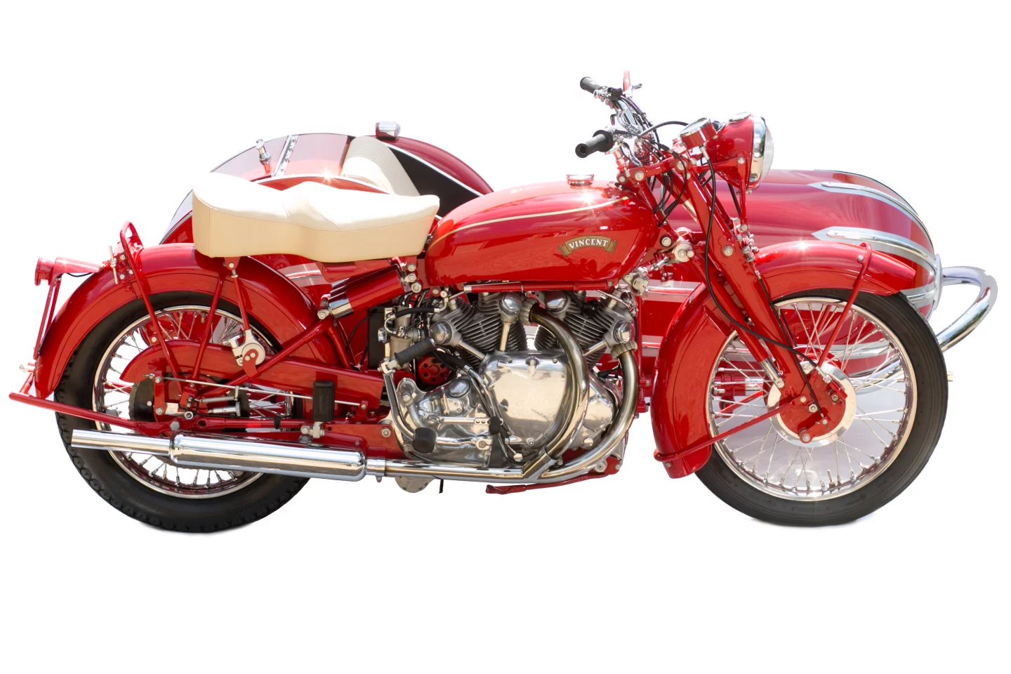 This 1949 Touring Rapide with fully matching numbers is a good example of the extraordinary work performed by Harris Vincent Gallery, having been restored both mechanically and cosmetically, then teamed with the deluxe Blacknell Bullet sport sidecars which Vincent installed on some bikes. The outfit sold for $126,500 in Bonhams Las Vegas 2015 sale.