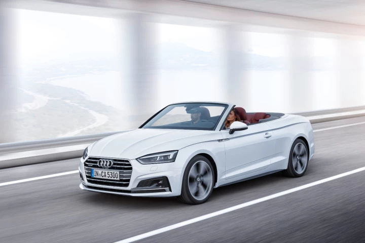 The Audi A5 Cabriolet can drop its top at speeds up to 50 km/h