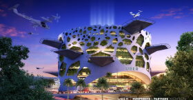 The beehive-inspired Mega Skyport by Dallas-based architecture firm Humphreys & Partners Architects would be a mixed-use development containing offices and retail spaces