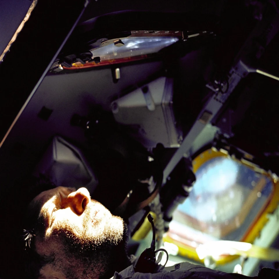 Bearded Wally Schirra near the end of mission