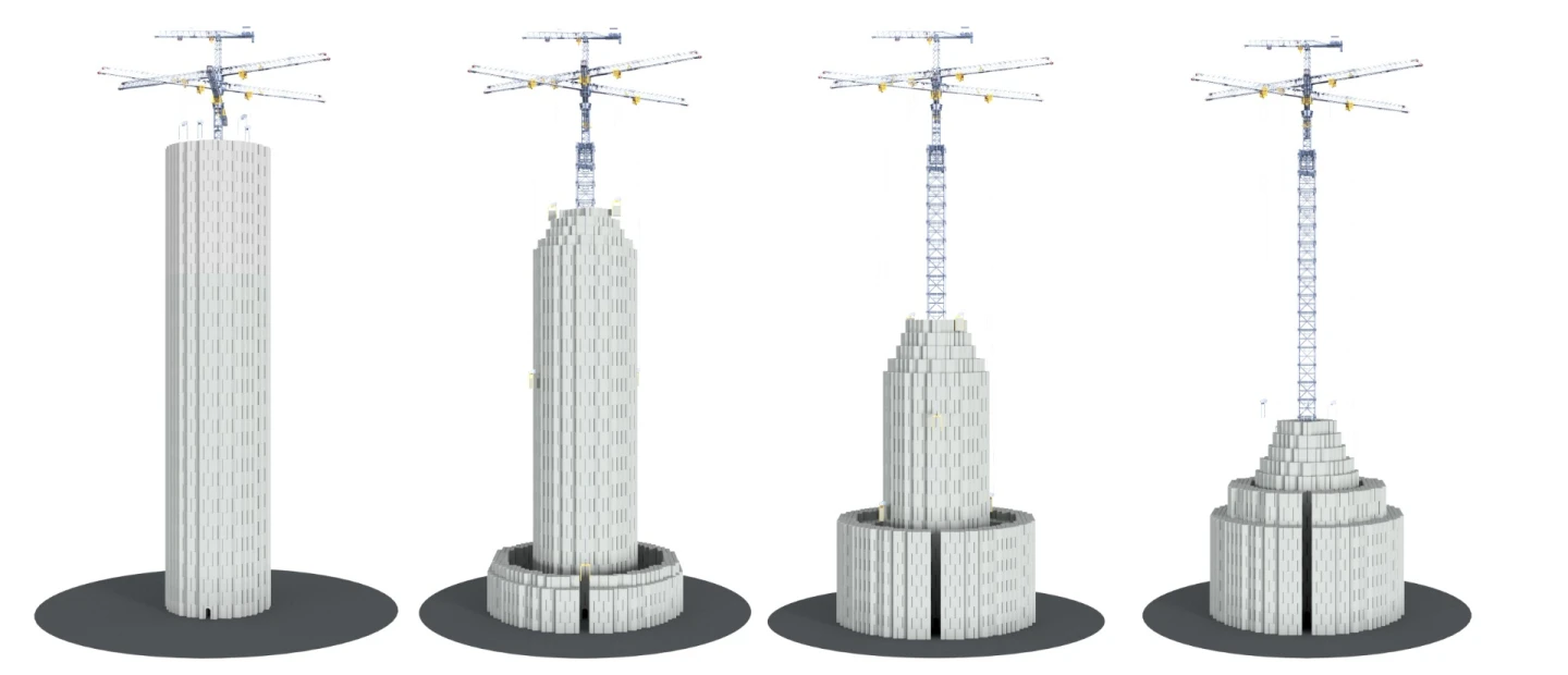 The Energy Vault system goes from fully charged (left) to empty (right)
