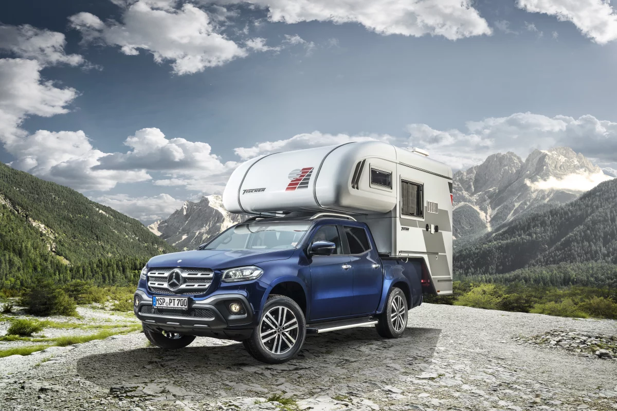 One of the two camper concepts Mercedes will show at CMT wears an alcove pickup camper from Tischer