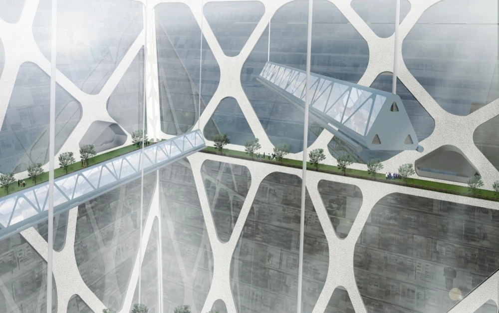 The next ten stories house retail shops and domestic housing, whilst the deepest levels offer 35 stories of office space (Image: BNKR Aquitectura)
