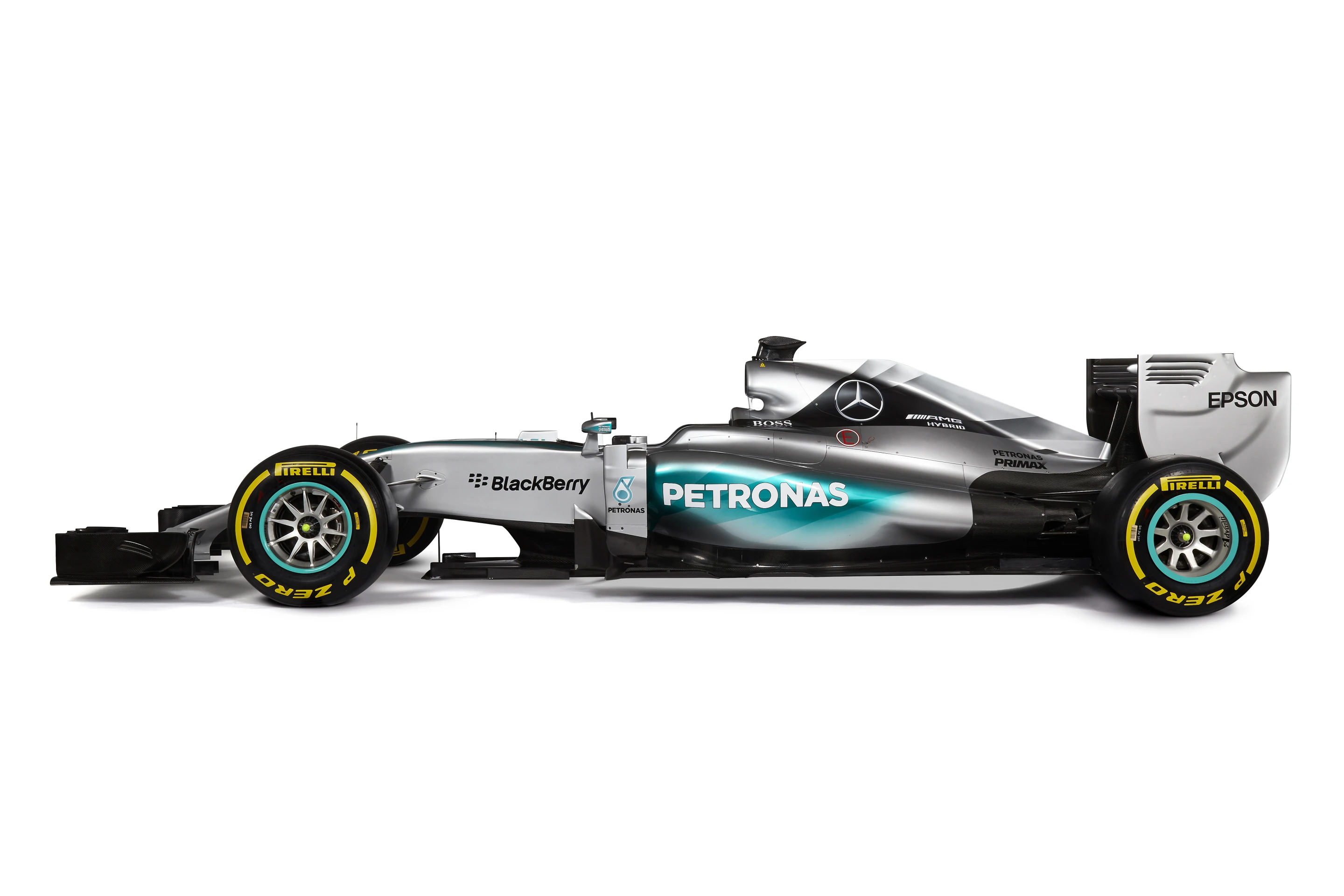The Mercedes F1 W06 Hybrid Silver Arrow with prominent Petronas sponsorship