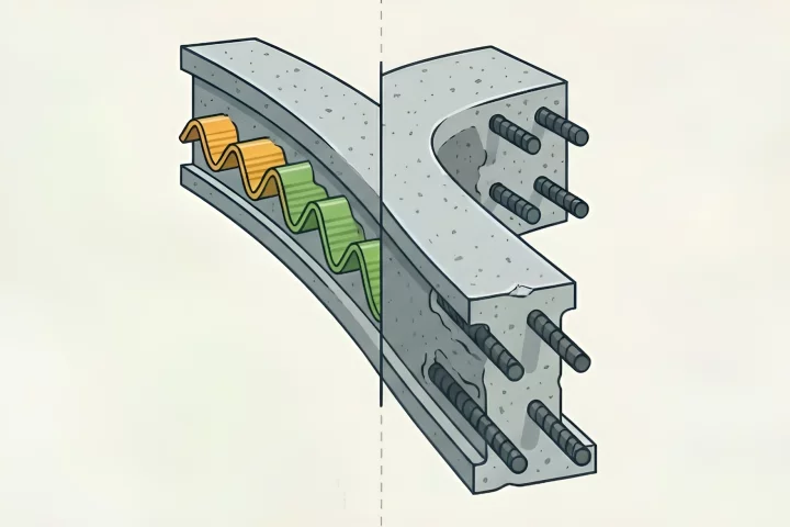 A section of concrete reinforced with traditional rebar (right) and the experimental new wavy PLA (left)