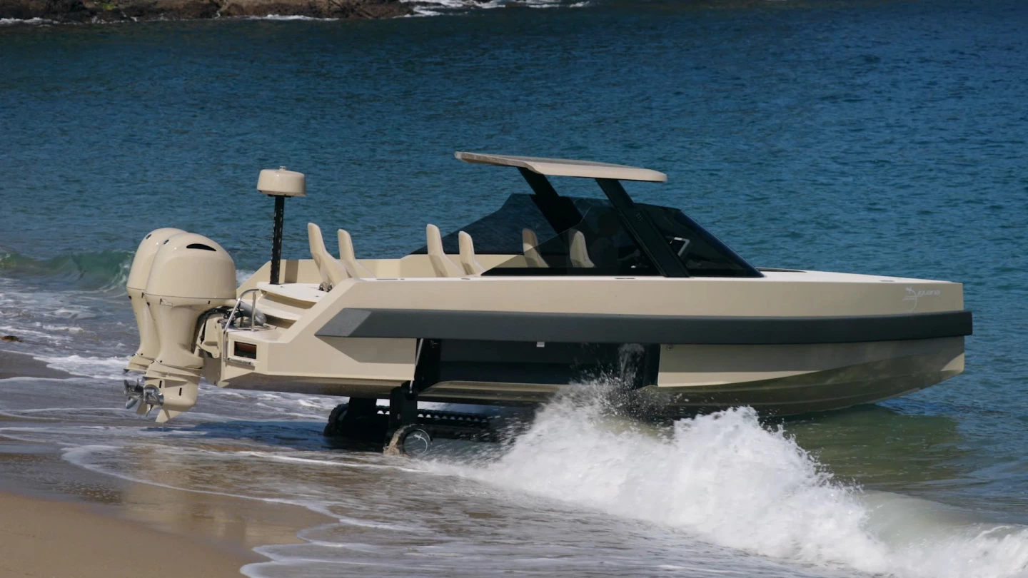 The seven-seat amphibious Iguana Commuter Limousine combines the company's signature retractable caterpillar tracks, with an adjustable retractable hardtop and shock-mitigating seats