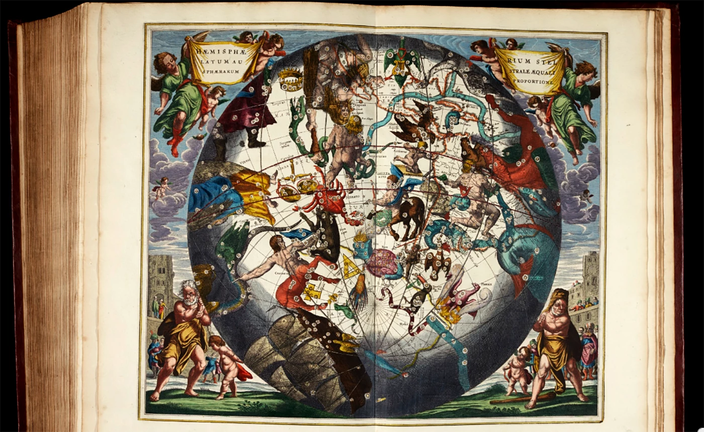 Harmonia Macrocosmica seu Atlas Universalis et Novus by Andreas Cellarius is a celestial atlas published in the Netherlands in 1661 and touted in the auction description "another outstanding example of atlas production from the Golden Age of Dutch cartography." Unlike the later celestial atlases, the Cellarius charts demonstrated various ancient and contemporary cosmological ideas, rather than just the names and positions of the stars. The purpose of the book was to assess different attempts to discover the underlying harmony of the universe. The charts represent the highest levels of seventeenth-century astronomical thought, with the diagrams showing aspects of the three great theories on the nature of the universe: the Ptolemaic, the Copernican and the Brahean.” A copy of Harmonia Macrocosmica seu Atlas Universalis et Novus sold for $245,050 (GBP £187,500) at| Sothebys on November 2, 2017