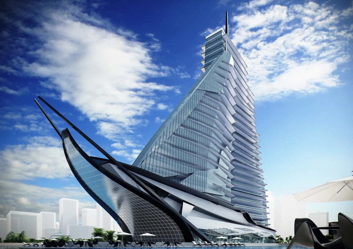 The building comprises four towers which resemble sails sat aboard a ship-like base (Image: Vasily Klyukin)