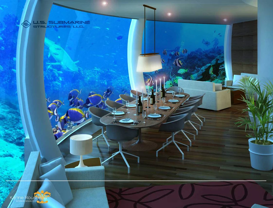 Artist's impression of fine dining on H2OME's lower level (Image: US Submarine Structures)