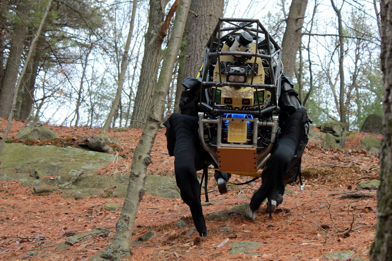 The LS3 quadruped has a barrel-shaped body which allows it to right itself if it falls onto its back or sides