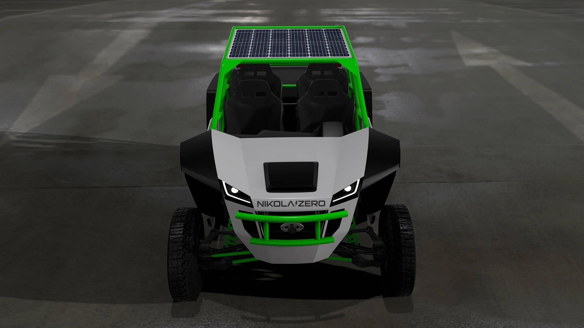 The side-by-side design includes an electric motor at each wheel for 520 hp
