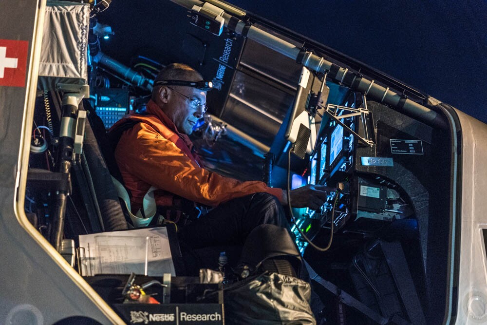Piccard at the controls of Solar Impulse 2 in Hawaii