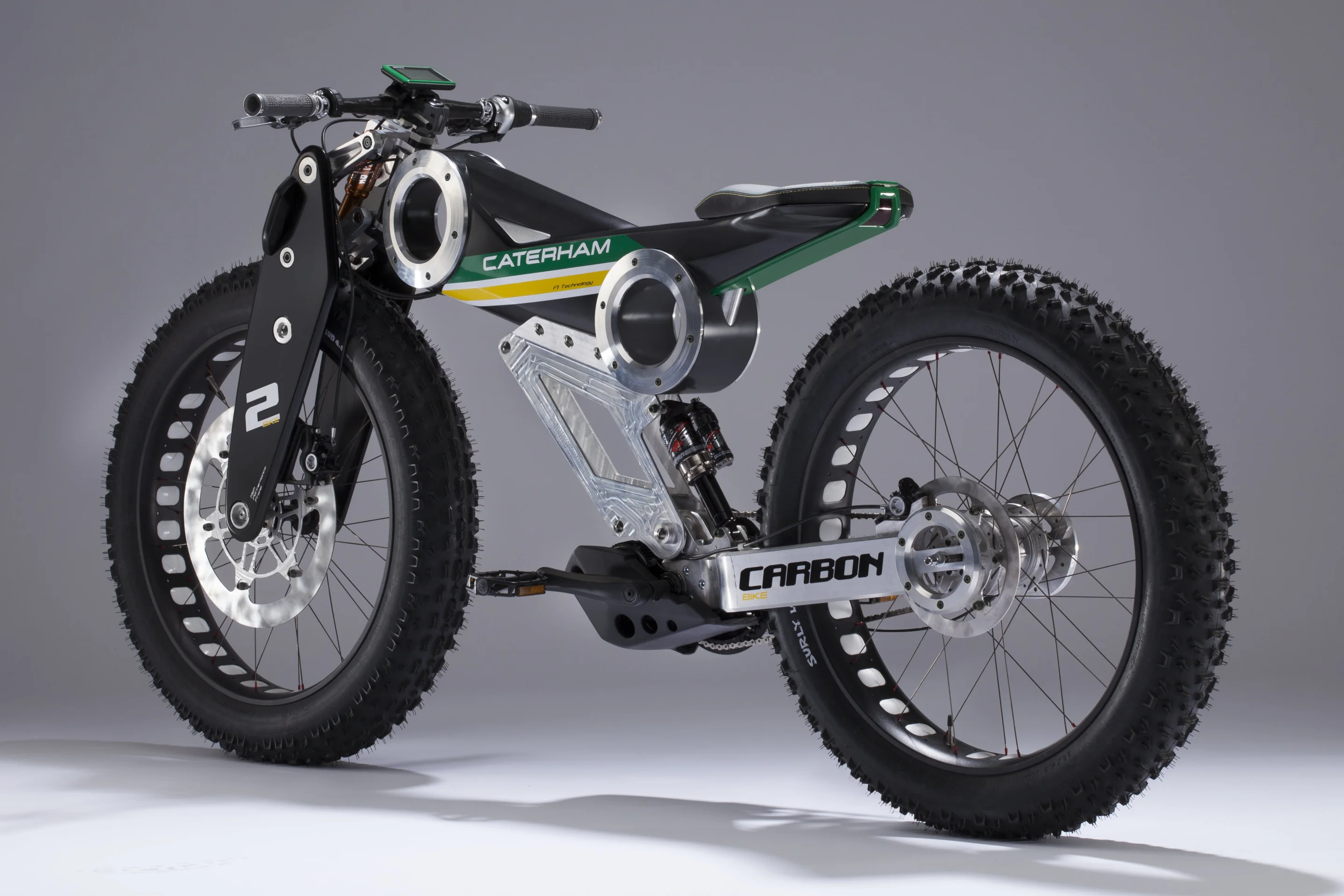 The Carbon’s design, inspired by the firm’s F1 experience features a modular carbon-aluminum frame, oversized Carbon girder forks, mono-shock rear suspension, aluminum rims, performance braking system and carbon-fiber impregnated tires