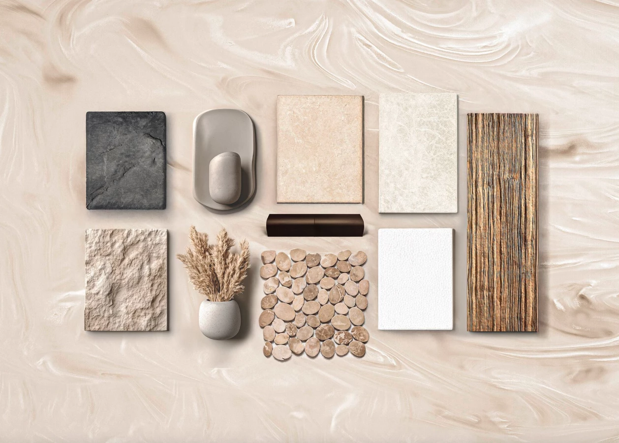 Robeta has hand-selected a variety of rustic, natural materials for its interior construction, including slate, "Sand Storm" Corian, micro-cement, spalt wood, and moon stone