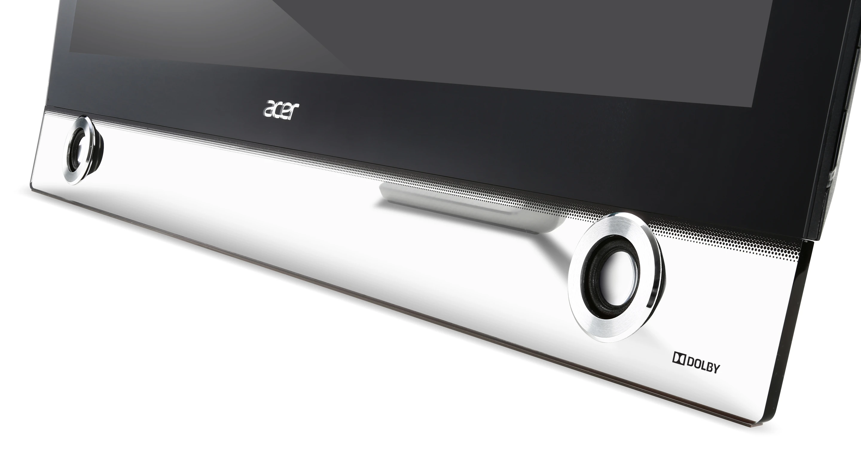 The transparent base of the Acer TA272HUL features two 3 W front-firing speakers with Dolby surround sound technology