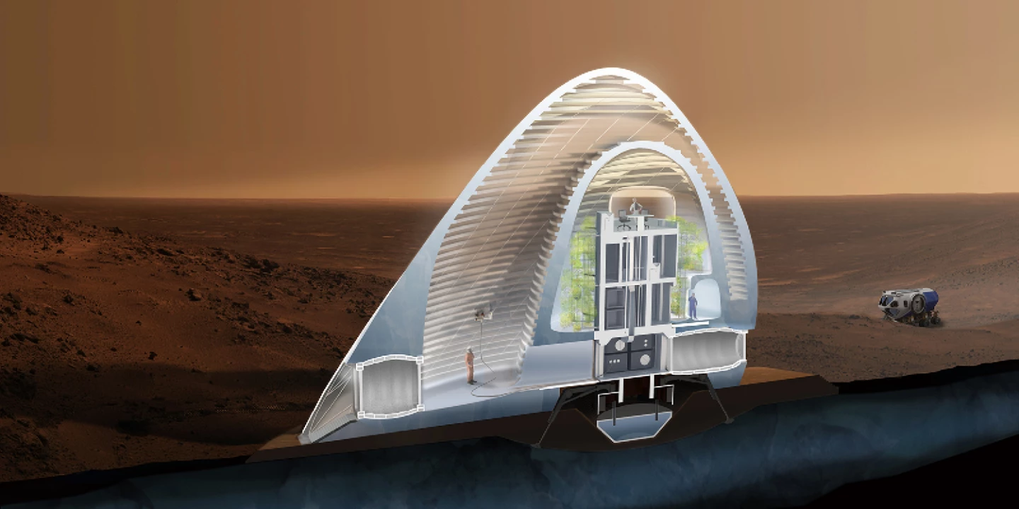 A cross section view of the Ice House shows a person in the interstitial section