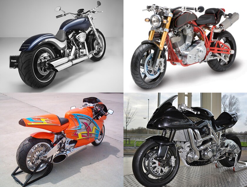 The US$300,000 Ecosse Titanium RR (clockwise from top right), the $172,000 Icon Sheene, the $175,000, 250 mph (402 km/h), 320 hp MTT Turbine Superbike and the latest Lauge Jensen Viking, which is designed by Henrik Fisker with a price tag anticipated between $50,000 and $55,000.
