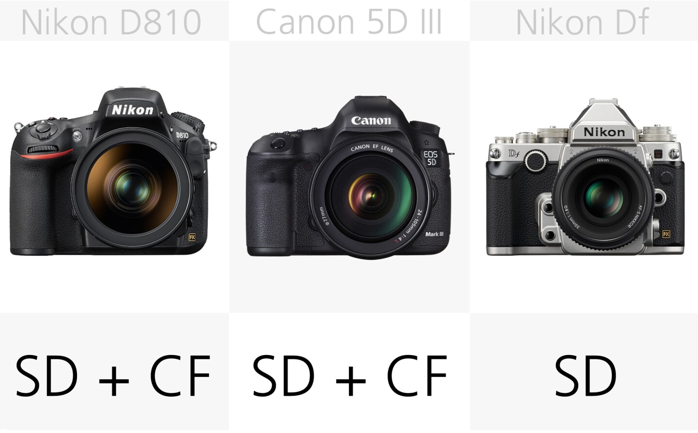 The Nikon D810 and Canon 5D M3 can both use SD and CompactFlash memory cards