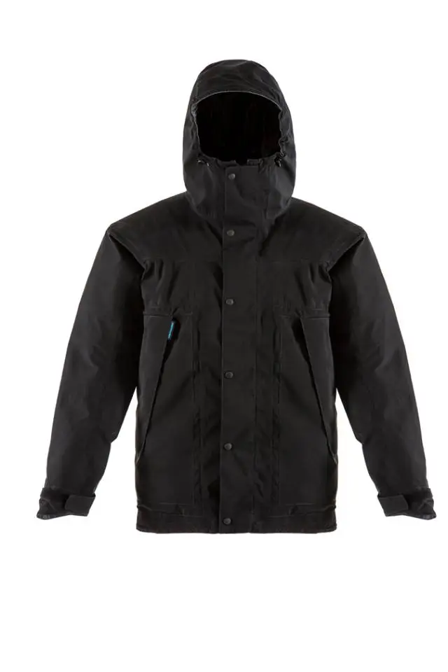 The jacket includes a hood and adjustable cuffs