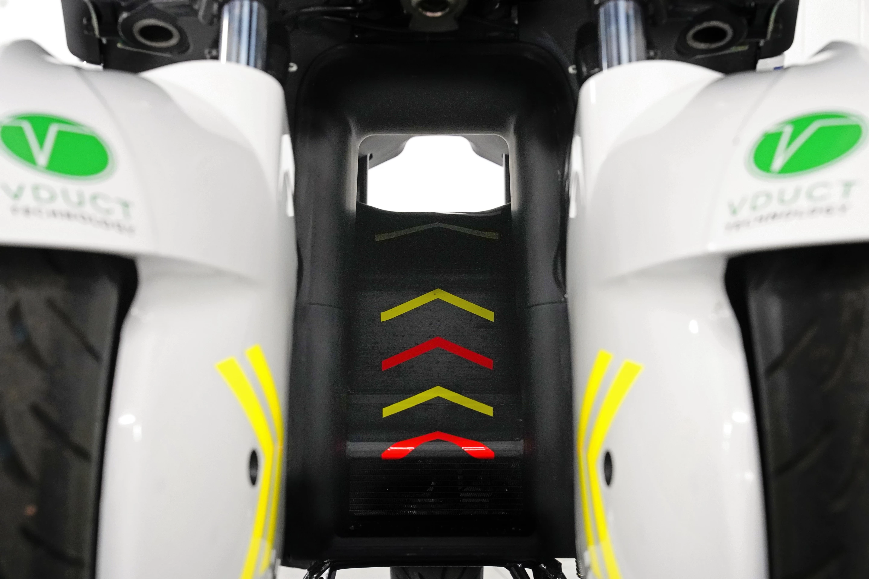Close up of White Motorcycle Concepts' V-Duct technology, seen here on the WMC300FR hybrid police scooter