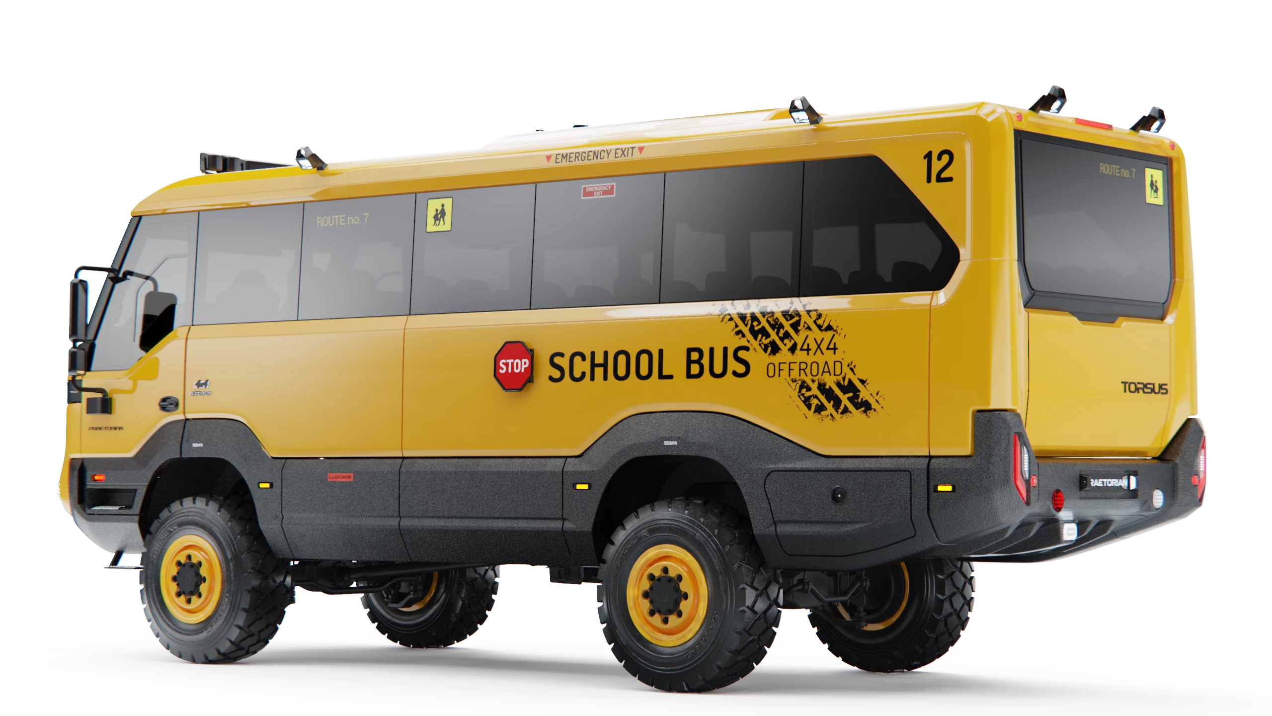 When local routes are unpaved or hit hard with weather, the Torsus Praetorian school bus pushes onward to make it in ahead of first bell
