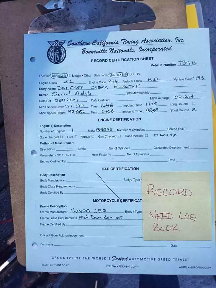 It's official ! The Delfast Dnepr electric motorcycle set a new speed record on August 11, with an average run at 107.2 mph