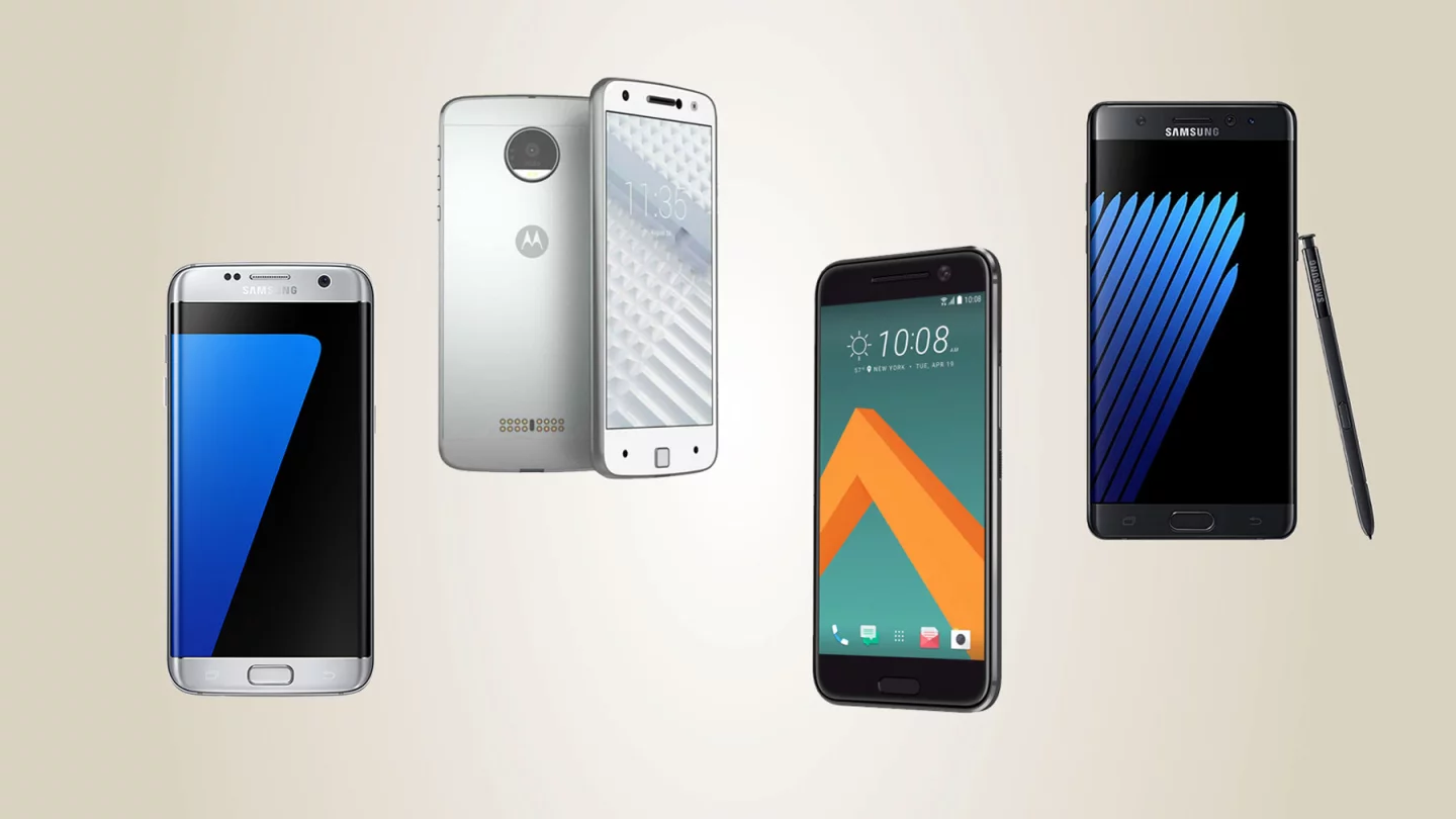 From L to R: Samsung Galaxy S7 edge, Moto Z, HTC 10, Samsung Galaxy Note 7