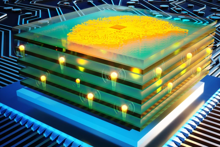 An artist's impression of an analog deep learning processor made up of a stack of the new protonic resistors