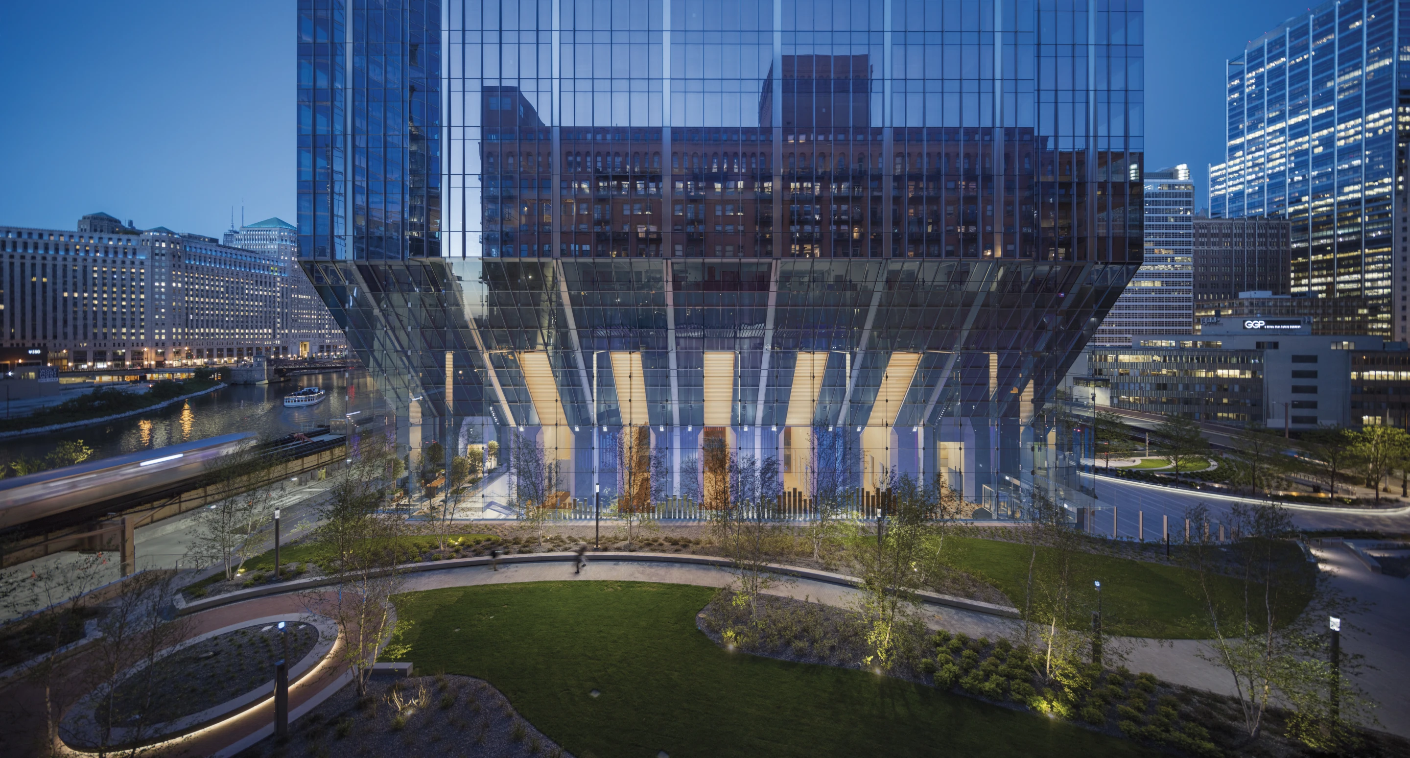 Runner up North Riverside, by Goettsch Partners, has been nicknamed "The Tuning Fork"