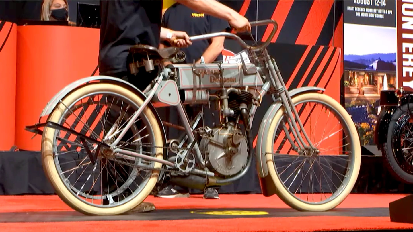 Selling for US$297,000, this 1907 Harley-Davidson Strap Tank single was the top-priced bike at Mecum's 2021 Las Vegas Collectible Motorcycle Auctions