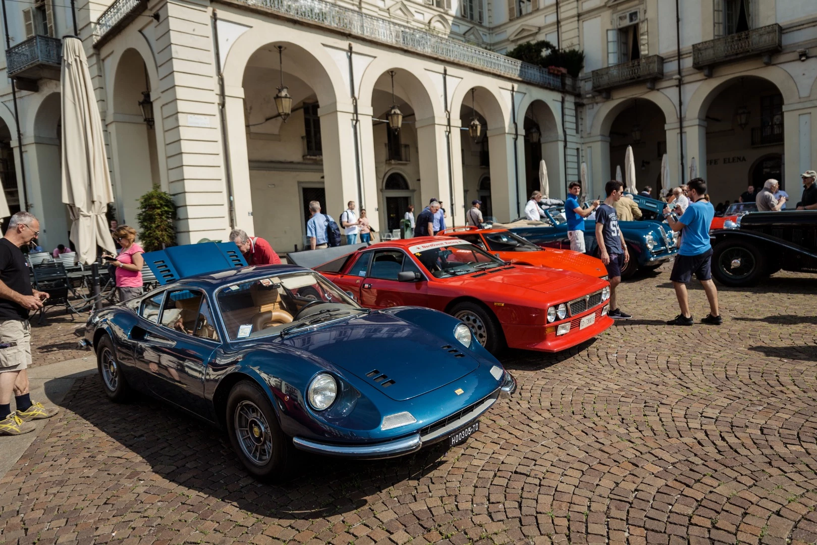 The 1972 Dino 246 GT of PierMario Cornaglia and the 1969 Lancia Rally 037 of Edoardo Cornaglia at the inaugural Parco Valentino Classic