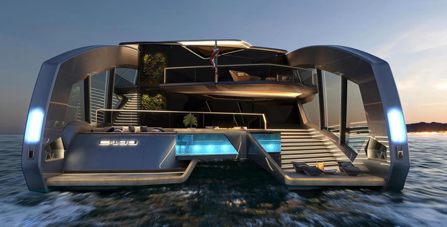 The impressive owner's suite features its own glassy views, along with a private terrace and a vertical garden – just steps away from the aft lounge