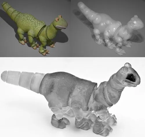 The new software optimizes the virtual model (top) and creates strong, articulated joints for 3D printing (bottom)