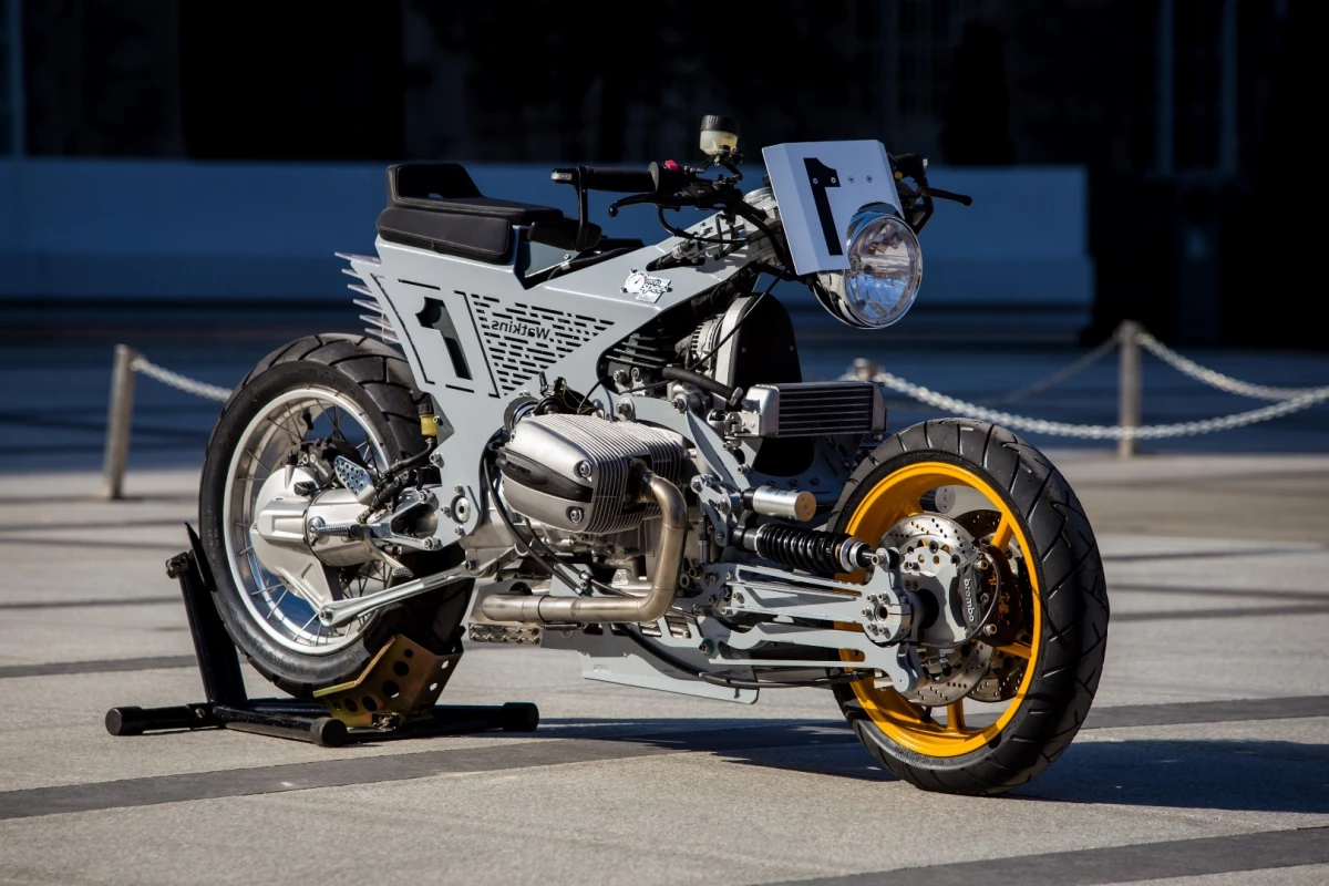 Watkins M001: started life as a BMW R1150RT but is now a wacky hub-steered custom creation
