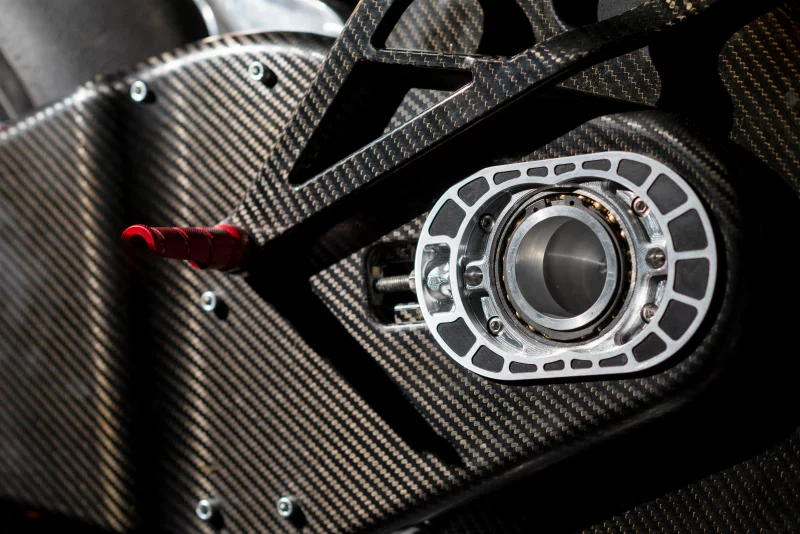 Saroléa's SP7 electric superbike: carbon swingarm with adjustable pivot position