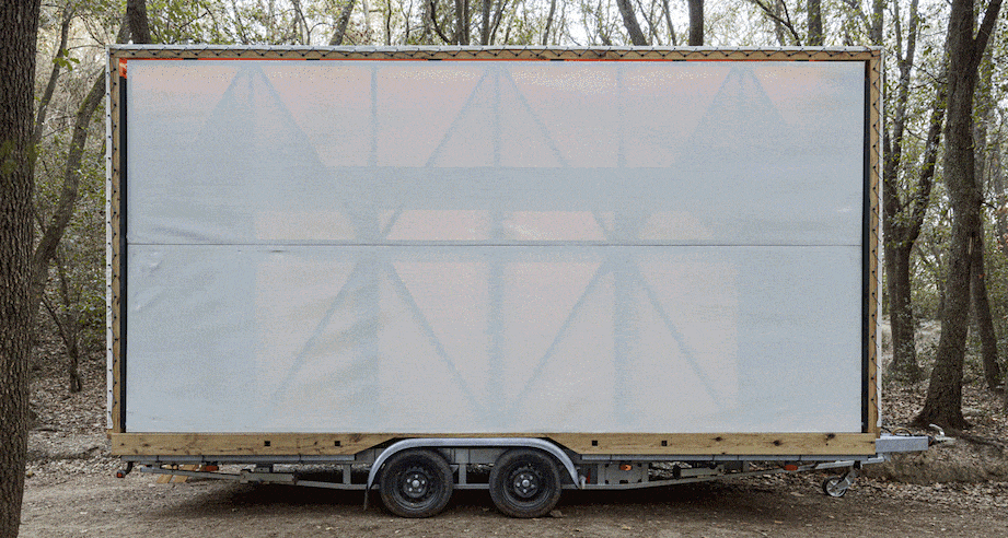 The MO.CA's fabric-lined exterior walls are raised using a pulley-based system