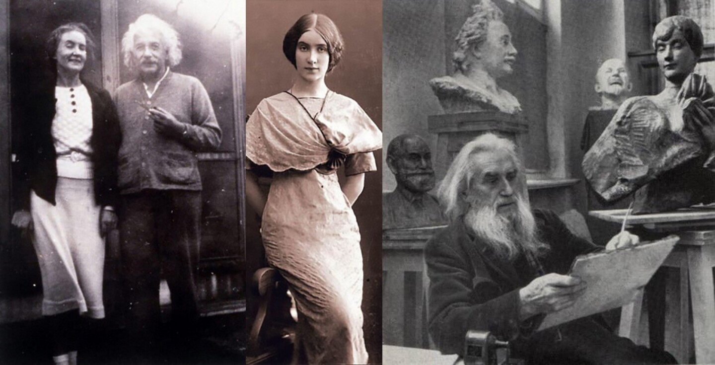 Margerita Konenkova was a former lawyer who spoke five languages and lived in Greenwich Village with her husband, Russian Realist sculptor, Sergei Konenkova, sometimes referred to as the "Russian Rodin." They were introduced by Einstein's wife Elsa, and the couples became friends, with Sergei producing a famous sculpture of Einstein (above right with a sculpture of Margerita top right in the photo). Many years later, it became known that Margerita Konenkova was a Russian spy.
