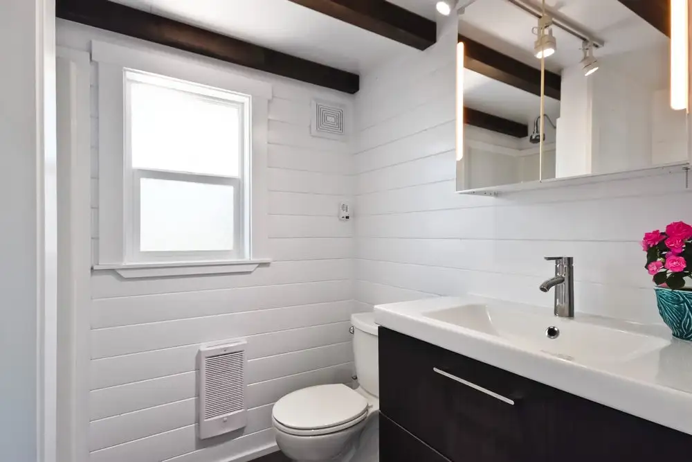 Inside the steel framed tiny house's toilet