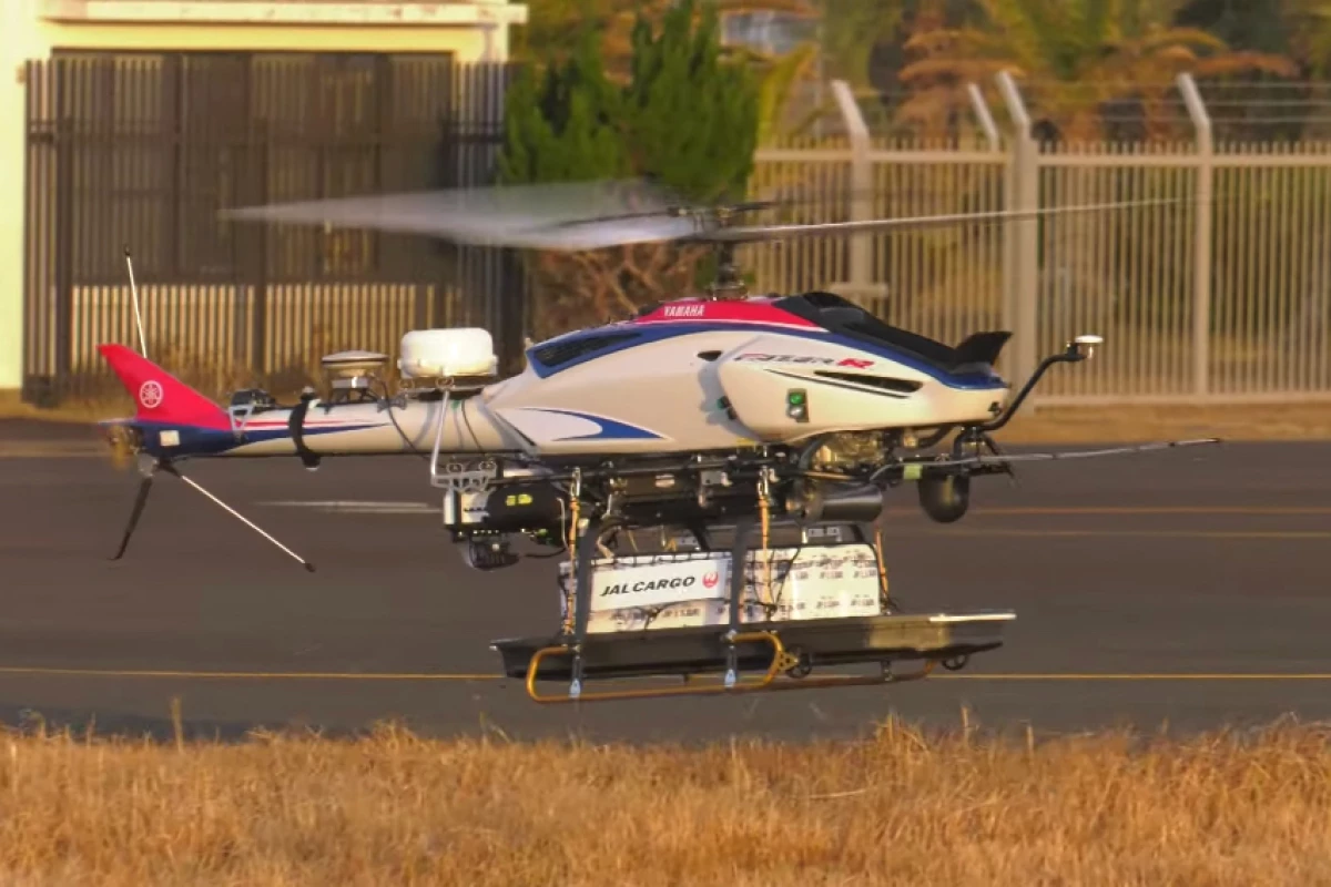 The Yamaha Fazer R G2 unmanned helicopter takes off from Kamigoto Airport